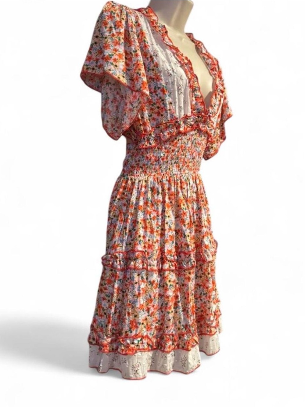 POL Floral Open Back Boho Mini Dress Ruffle Tiered Cottagecore Small Open Back - Picture 3 of 10